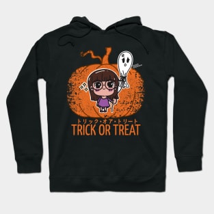 Kawaii Girl and the Unhappy Spirit: Halloween Charm on Pumpkin Background Hoodie